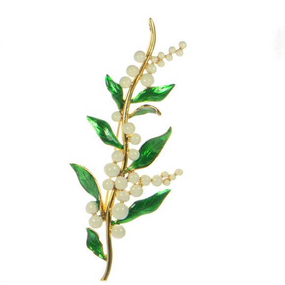 Vintage Oscar de la Renta Green Enamel Leaf Faux Pearl Lily Pin Brooch